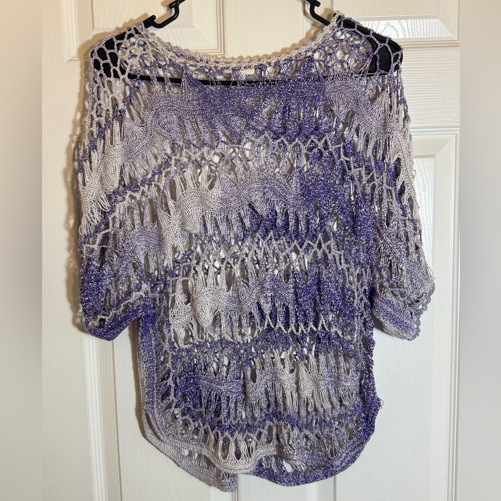 Chico’s Purple and White Crochet Knit Boho Festival Top